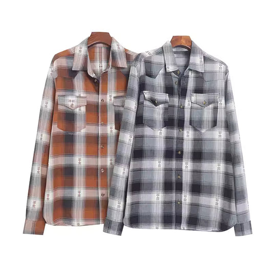 Women's heavy-duty embroidered plaid shirt, loose fit, casual style, simple and elegant.  11386