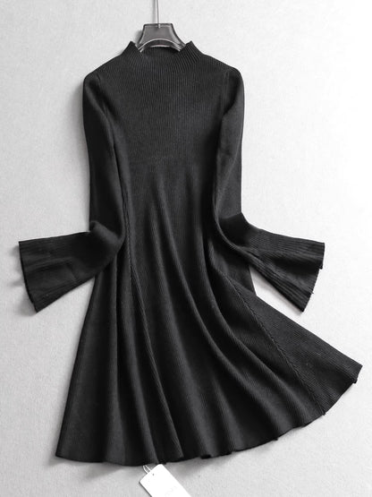 Solid color, high neck, slim fit, bell sleeve knit sweater dress, autumn and winter slim fit women's dress. 11322