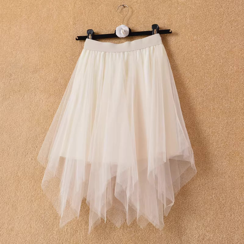 Irregular mesh midi skirt, summer, fresh and cute A-line midi skirt, fairy skirt, high-waisted, puffy midi length.  11367