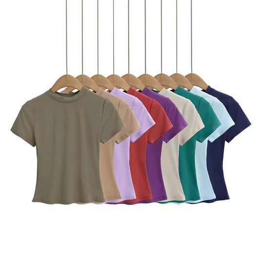 Women's round neck short-sleeved T-shirt, summer slim fit, stretchy short base layer top 11417