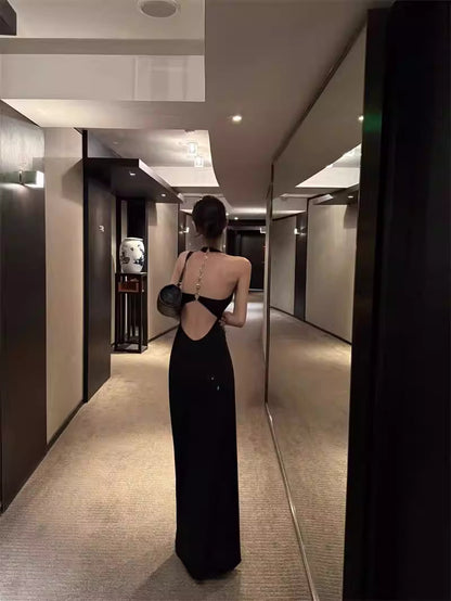 Contrasting Style Backless Dress Women's Summer Slim Fit Long Dress Black High-End Elegant Skirt Bodycon Skirt  11450