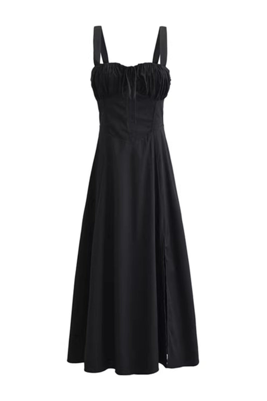 White dress with drawstring neckline, low-cut, mid-length, fitted waist, and slit spaghetti straps.  11346