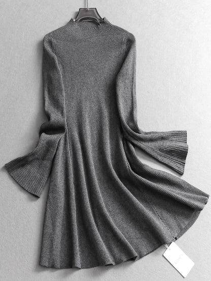 Solid color, high neck, slim fit, bell sleeve knit sweater dress, autumn and winter slim fit women's dress. 11322