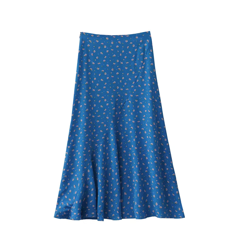 Homemade Summer New French-Style Vacation High-Waisted Slimming Blue Floral Print Midi Skirt Fishtail Maxi Skirt  11363