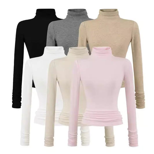 Tencel Knitted High-Neck Long-Sleeve T-Shirt for Women, Autumn, European and American Style, Sexy Fit, Elastic Base Layer Top  11428