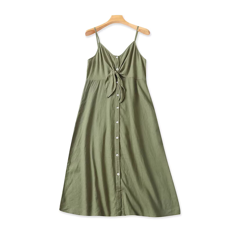 Summer cotton and linen suspender dress for women, fashionable and elegant, single-breasted, bow-tie, youthful A-line skirt, long dress  11377