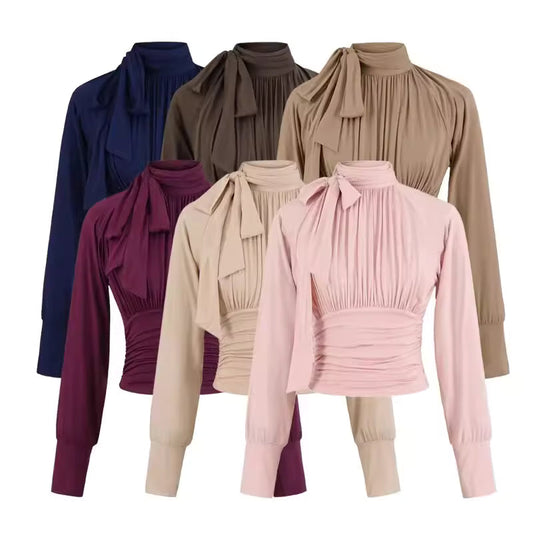 Women's Autumn European and American Style French Slim Fit Short Top with Stand Collar, Ribbon, and Pleated Sleeves  11441