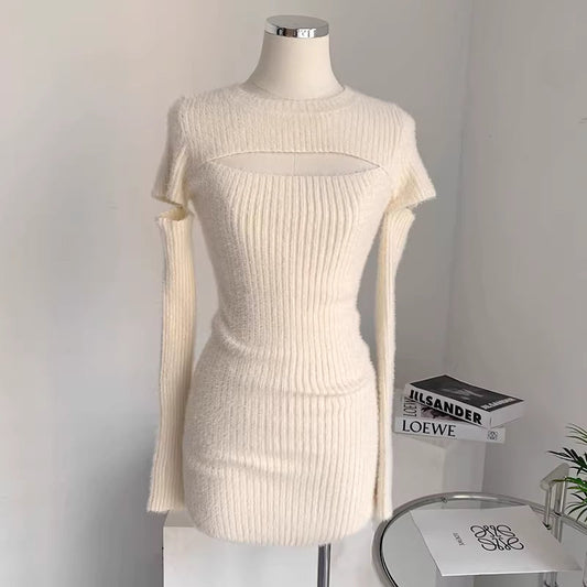 White, pure and alluring knitted dress, perfect for autumn and winter, bodycon base layer, slim fit sweater dress, trendy. 11489