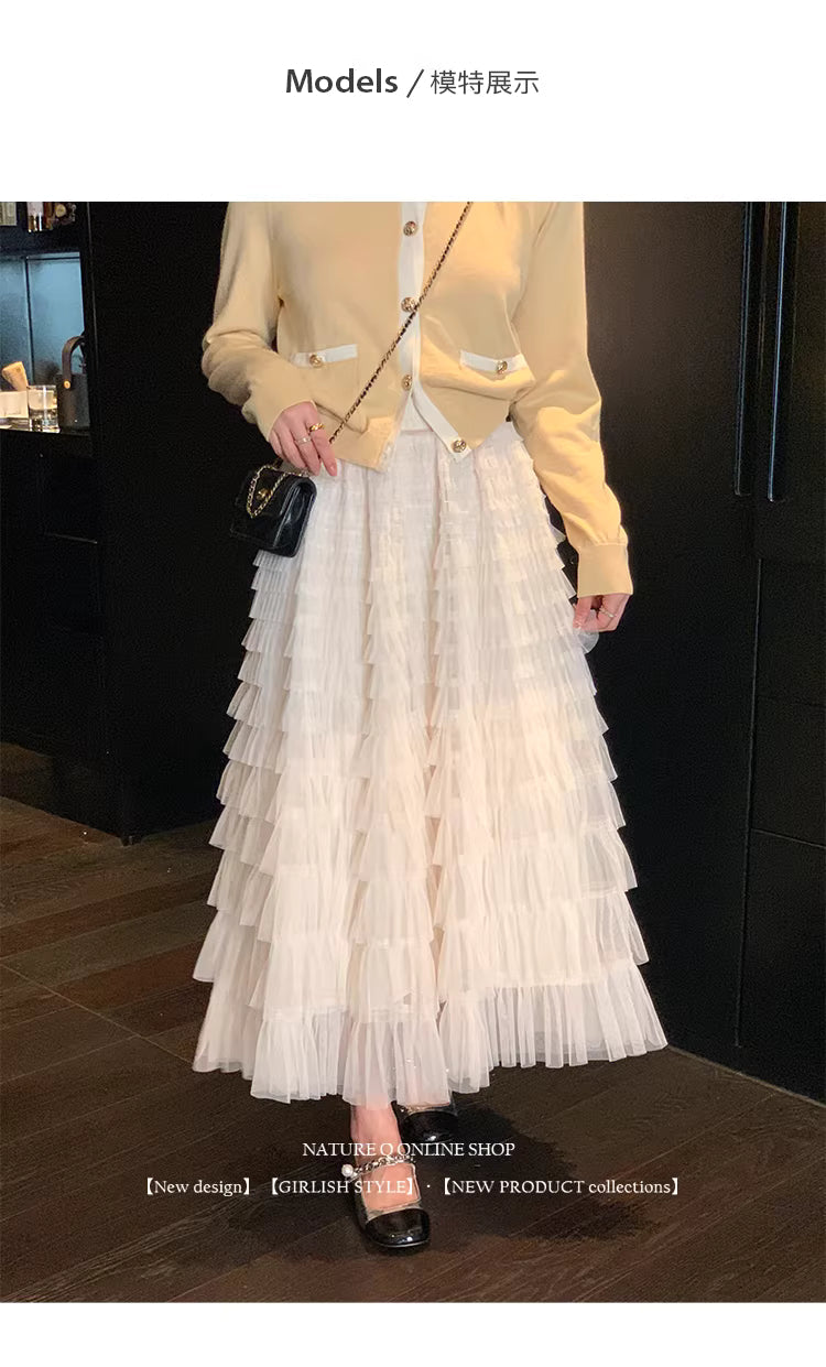 French-style tulle cake skirt, fairy skirt, spring long skirt, elastic waist A-line skirt, available in black and white. 11294