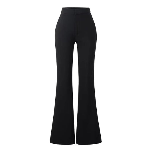Women's black flared suit pants for summer, solid color, high-waisted, slim-fitting, slightly flared.  11432