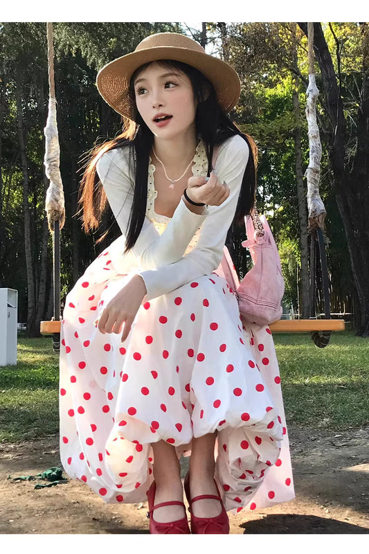 White polka dot midi skirt for women, summer style, thin, new style, high-waisted, slimming, mid-length, fairy-like skirt, A-line, tulip skirt  11295