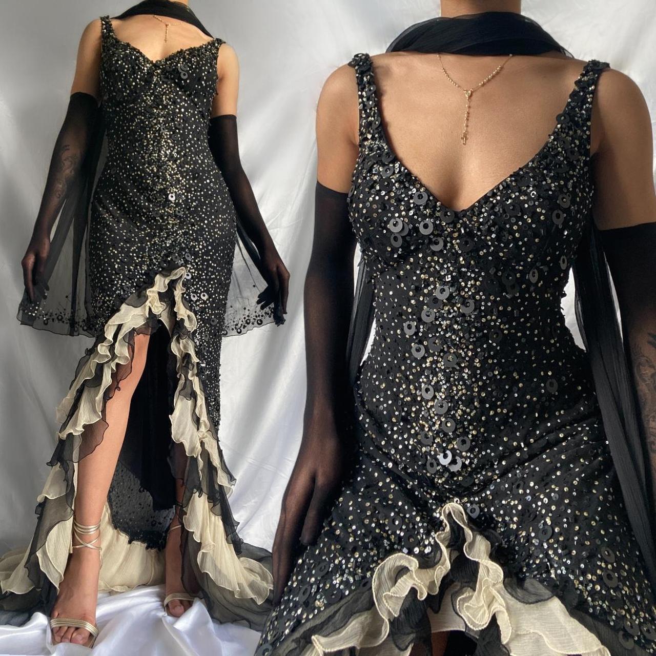 Sparkly Sequins Beaded Ruffles Mermaid Prom Dress Black Party Evening Dress cc2096