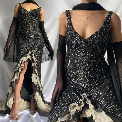 Sparkly Sequins Beaded Ruffles Mermaid Prom Dress Black Party Evening Dress cc2096