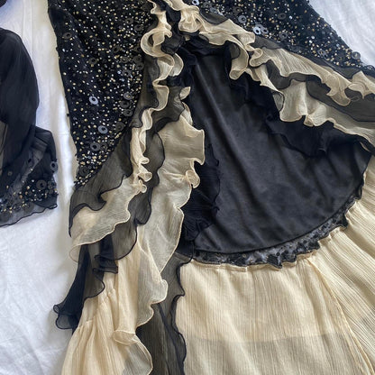 Sparkly Sequins Beaded Ruffles Mermaid Prom Dress Black Party Evening Dress cc2096