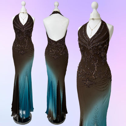 Mint Chocolate Prom Dress Brown Blue Gradient Gorgeous Lightweight Exquisite Beading Spaghetti Strap Long Chiffon  Evening Gown Party Dress gh3338