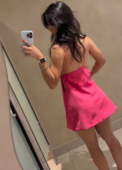 Sexy Open Back Rose Pink Drawstring Satin Birthday Party Homecoming Dress cc4105