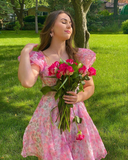 Sweet Pink Printed Puff Sleeve Waist Tulle Birthday Party Homecoming Dress cc4110