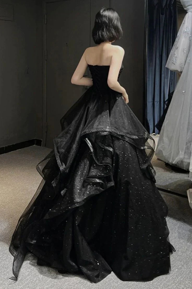 Black Shiny Sweetheart Tulle Layers Ball Gown Formal Dresses, Black Evening Dress Prom Dress  gh2302