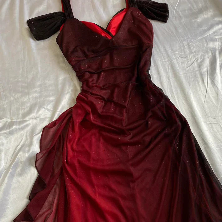 Burgundy Shiny Elegant Off Shoulder Ruffles Fashion Elegant Long Prom Dress Evening Gown Party Dress gh3204