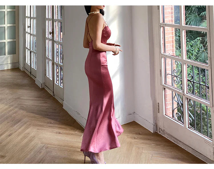 Vintage Red Brown Mermaid Deep V Halter Backless Satin Long Prom Dress Evening Dress cc4836