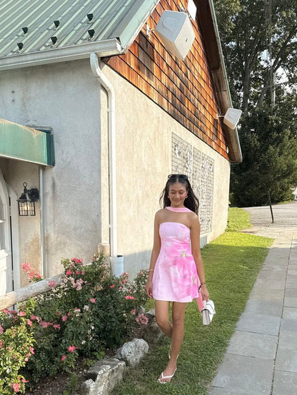 Sweet Printed Tube Top With Ribbon A-line 16th Birthday Homecoming Dress cc4156