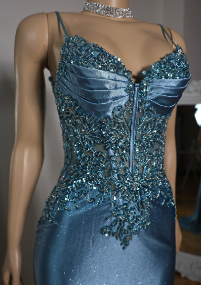 Elegant Blue Mermaid Deep V Halter Beaded Satin Long Prom Dress Evening Dress cc4865