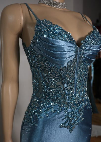 Elegant Blue Mermaid Deep V Halter Beaded Satin Long Prom Dress Evening Dress cc4865