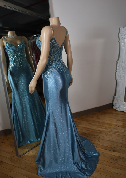Elegant Blue Mermaid Deep V Halter Beaded Satin Long Prom Dress Evening Dress cc4865