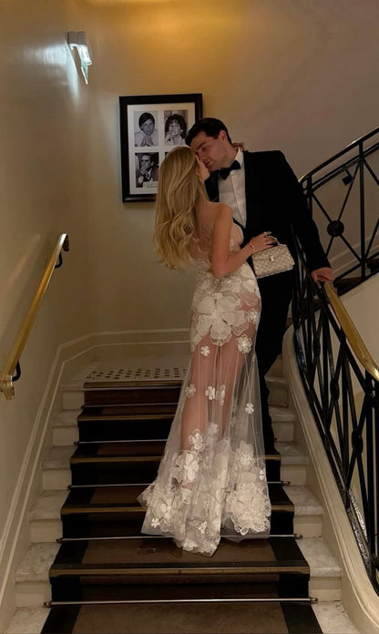 Sexy White Mermaid Lace Long Prom Dress Evening Dress cc4867