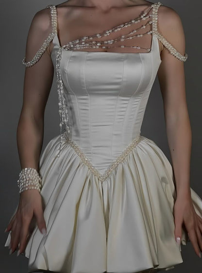 Vintage Ivory Beaded Shoulder Strap Flower Bud 17th Birthday Homecoming Dress cc4001