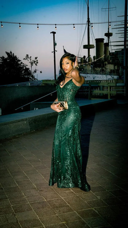 Sexy Dark Green Mermaid Deep V Halter Sequined Long Prom Dress Evening Dress cc4927