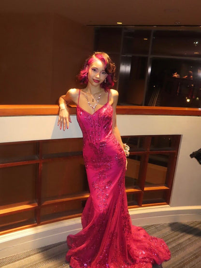 Gorgeous Rose Red Mermaid Trail Deep V Strap Sequined Long Prom Dress Evening Dress cc4723