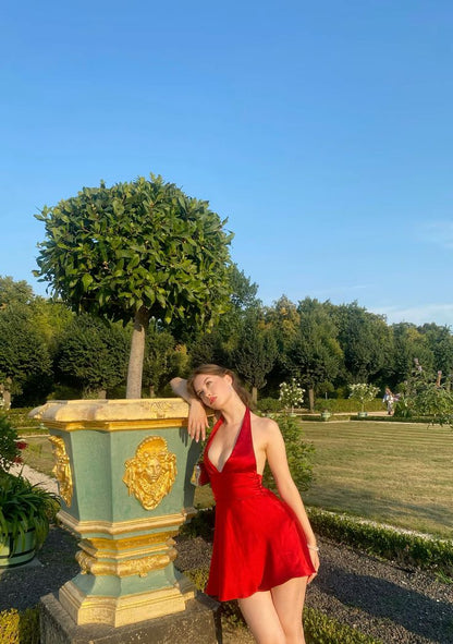 Elegant Red Halter Neck Deep V neck Bow Satin A-line 17th Birthday Homecoming Dress cc4230