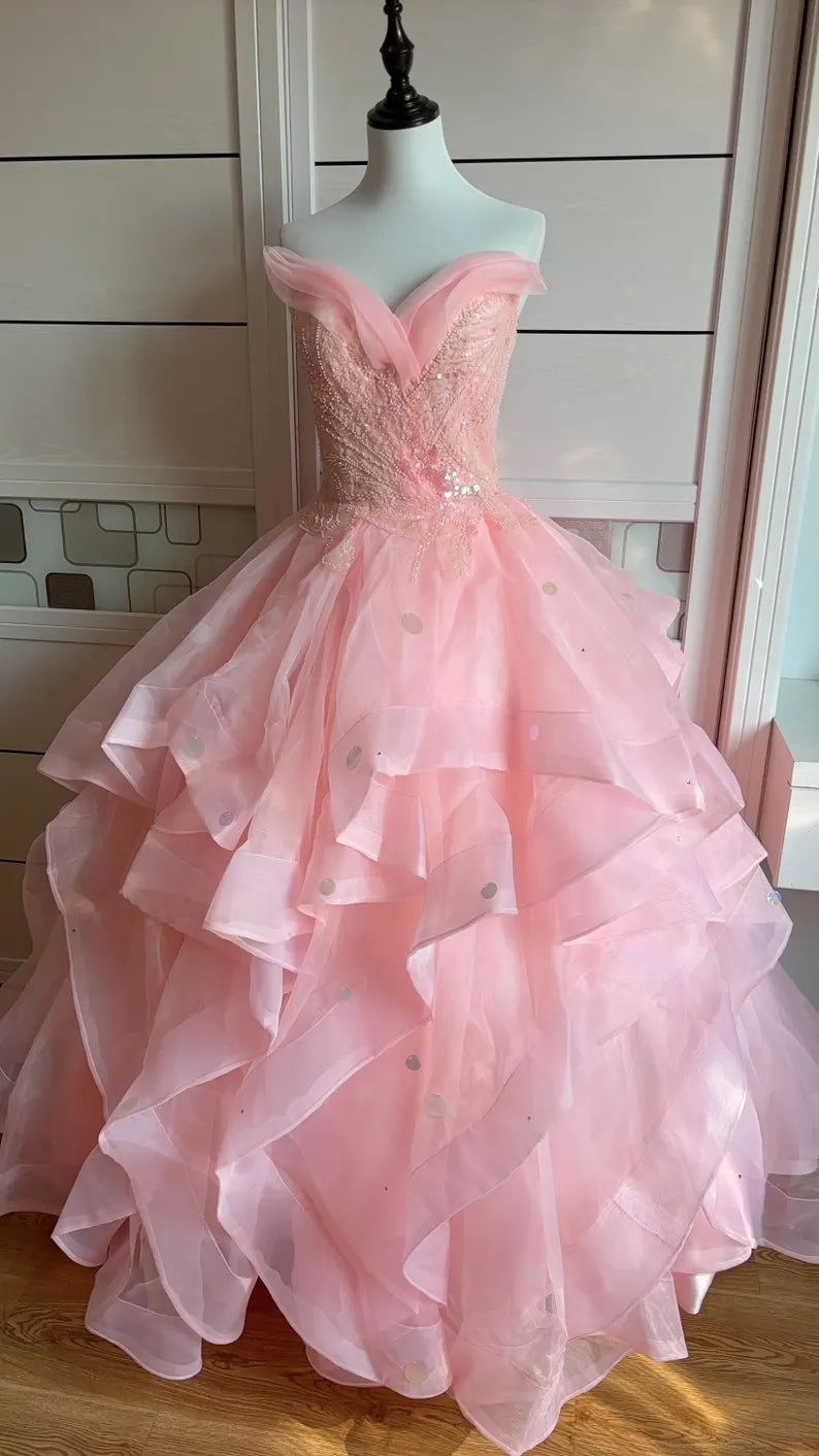 Dreamy Princess Pink Strapless Sequined Beaded Layered Tulle Ball Gown Evening Dress cc4934