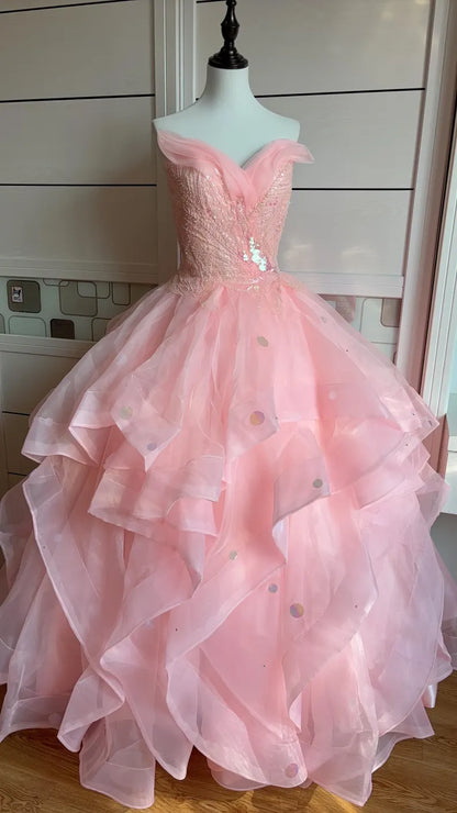 Dreamy Princess Pink Strapless Sequined Beaded Layered Tulle Ball Gown Evening Dress cc4934