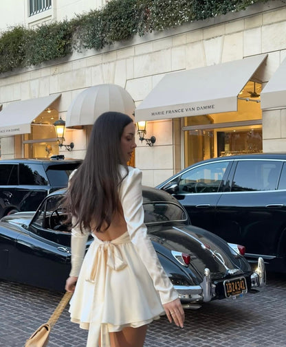 Elegant Off-white High-neck Hollow Long-sleeved Satin A-line 17th Birthday Homecoming Dress cc4236