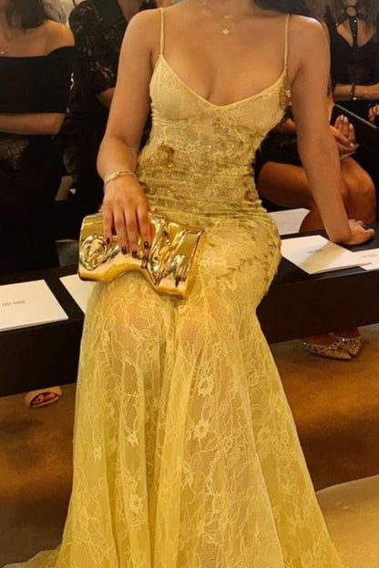 Beautiful Yellow Mermaid Halter Lace Train Prom Dress Evening Dress cc4942
