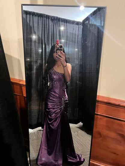 Vintage Deep Purple Mermaid One-shoulder Satin Long Prom Dress Evening Dress cc4950
