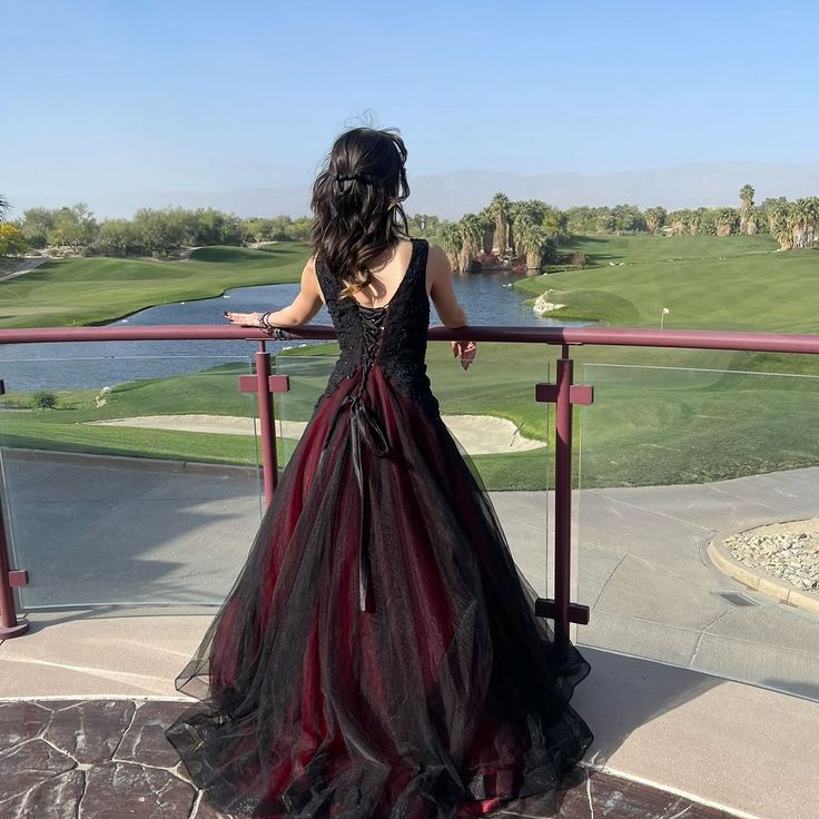 Retro Red And Black A-line Deep V-neck Tulle Long Prom Dress Evening Dress cc4954