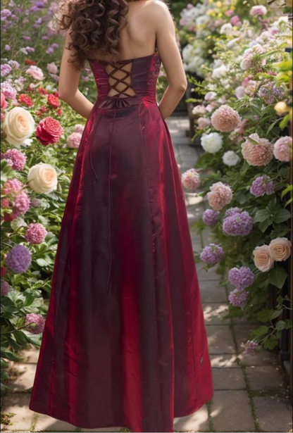 Vintage Burgundy A-line Strapless Tulle Long Prom Dress Evening Dress cc4965