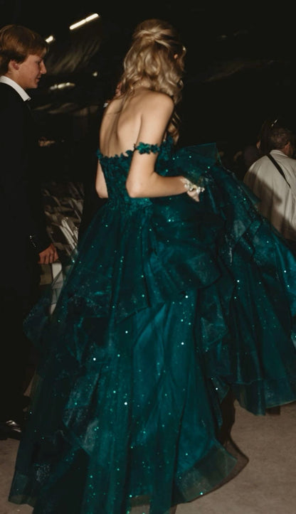 Dreamy Dark Green Off-shoulder Layered Tulle Ball Gown Evening Dress cc4966