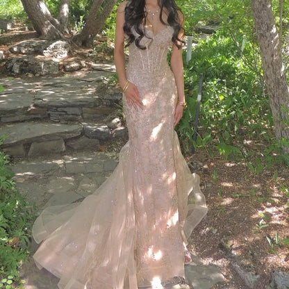 Elegant Champagne Mermaid V-neck Sequin Embroidered Slit Prom Dress Evening Dress cc4968