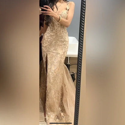 Elegant Champagne Mermaid V-neck Sequin Embroidered Slit Prom Dress Evening Dress cc4968