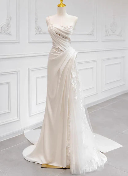 Girlhomeshops-White satin floral lace off-the-shoulder long floor-length wedding dress prom dress gh5393