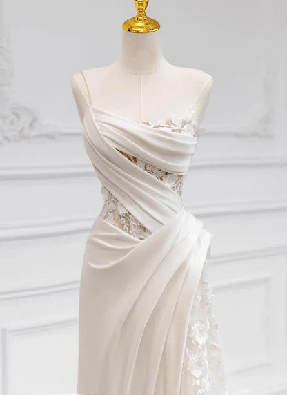 Girlhomeshops-White satin floral lace off-the-shoulder long floor-length wedding dress prom dress gh5393
