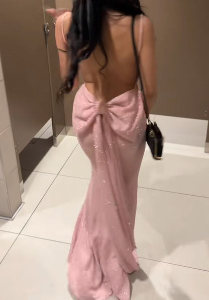 Sexy Pink Mermaid Strappy Back Bow Sequin Long Prom Dress Evening Dress cc4980