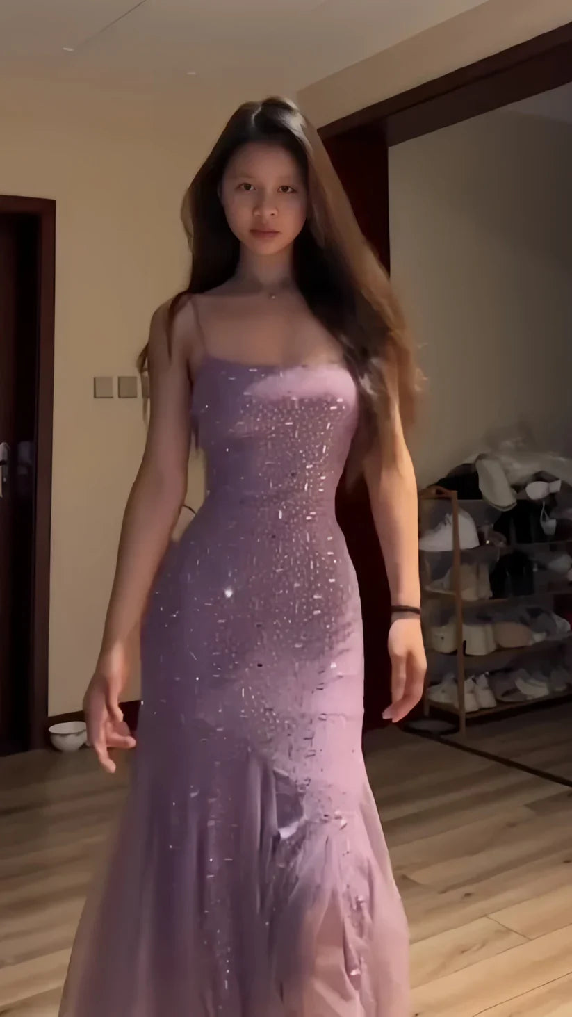 Elegant Purple Mermaid Off-shoulder Strap Sequin Chiffon Long Prom Dress Evening Dress cc4981