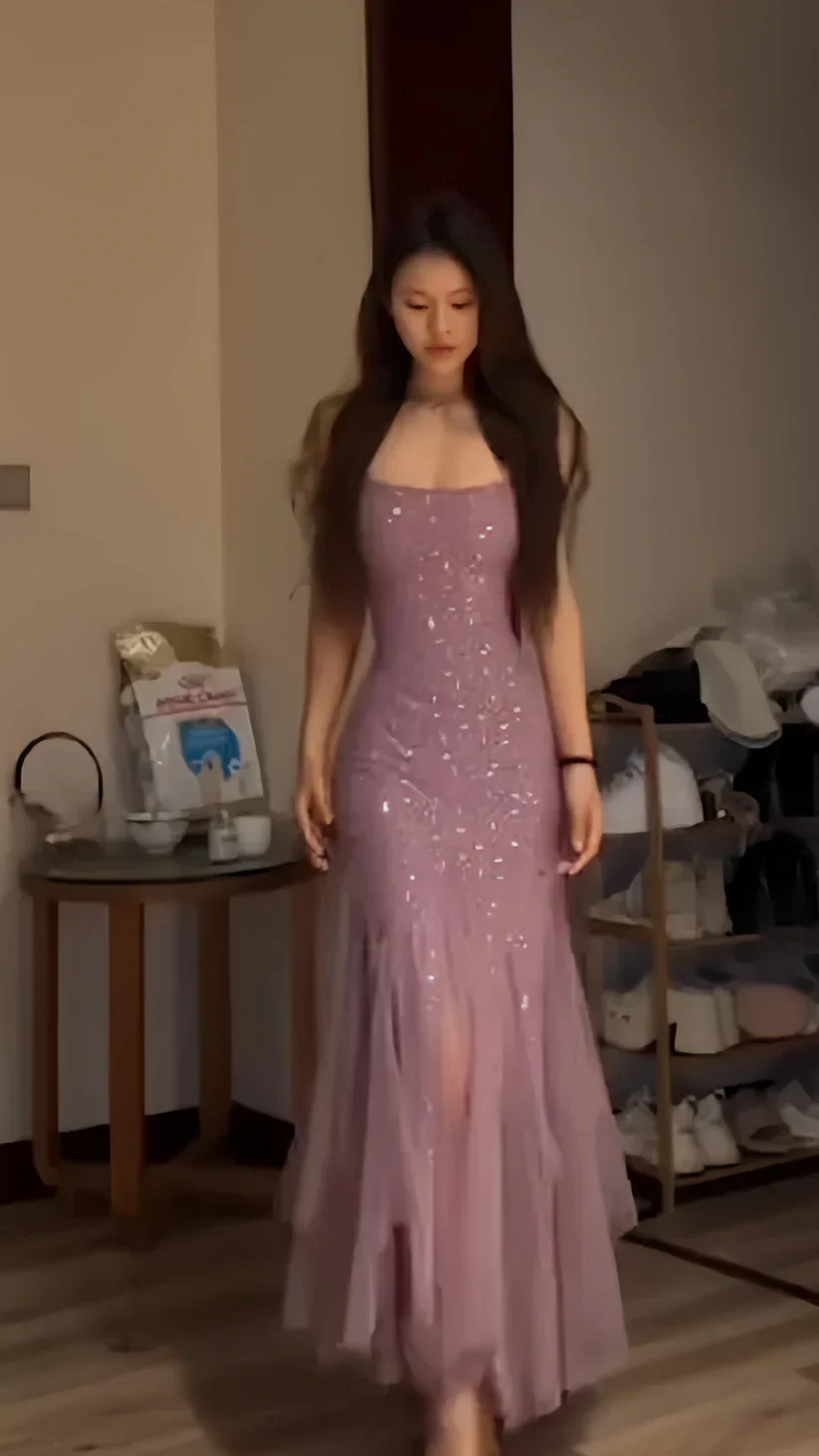 Elegant Purple Mermaid Off-shoulder Strap Sequin Chiffon Long Prom Dress Evening Dress cc4981