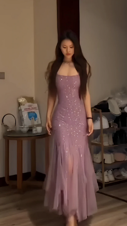 Elegant Purple Mermaid Off-shoulder Strap Sequin Chiffon Long Prom Dress Evening Dress cc4981