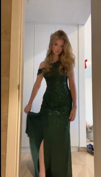 Sexy Mermaid Dark Green Slit Sequin long Prom Dress Evening Dress cc4987